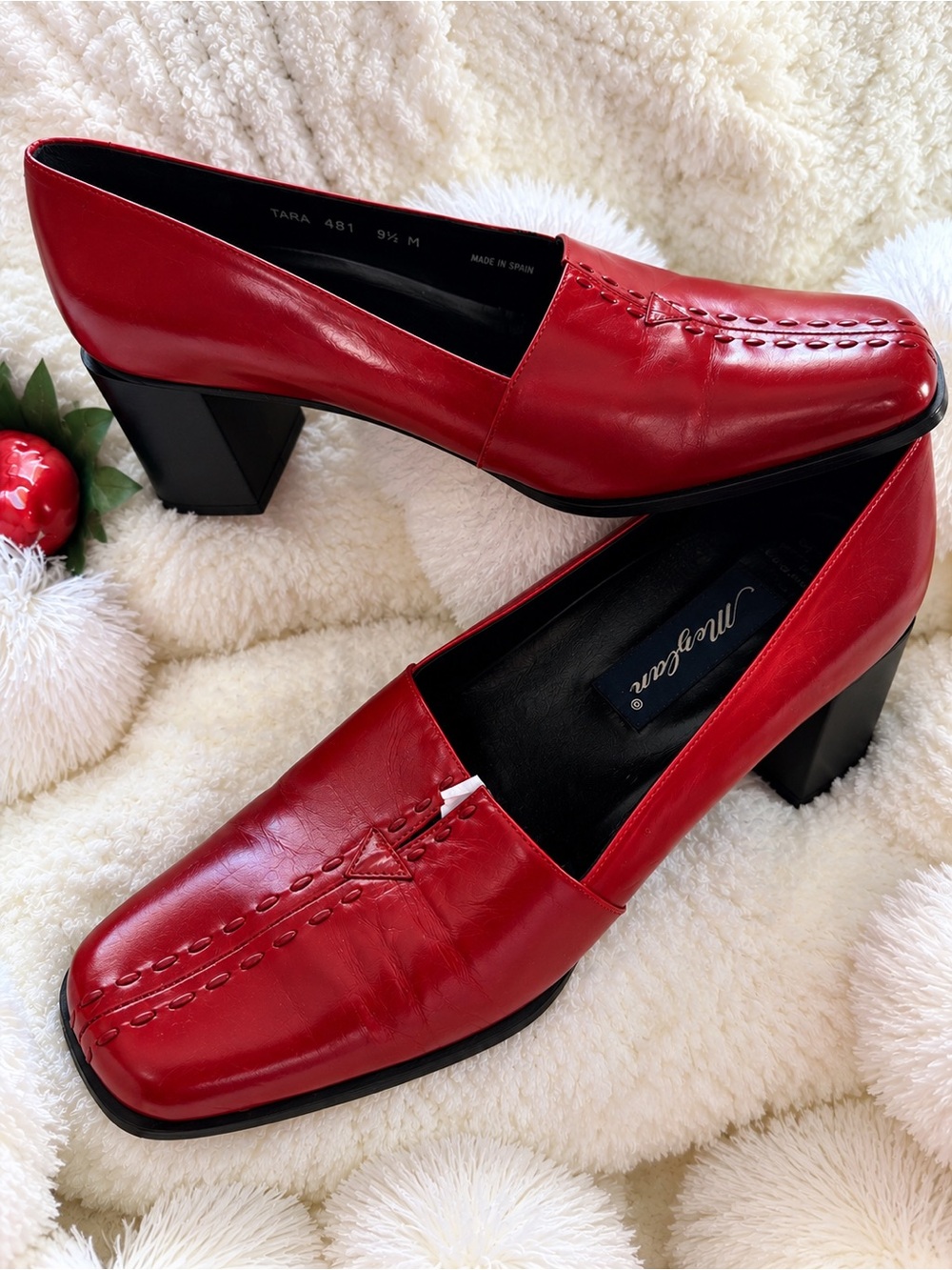 Mezlan TARA 481 Red Leather Square Toe Loafers Heels 9.5 M Spain block heel